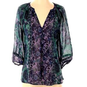 Joie 100% Silk Blouse Size‎ Large Purple and Green V-neck Covered button detail